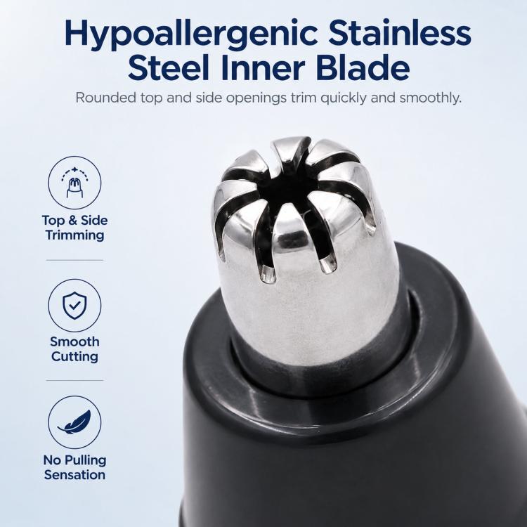 Hypoallergenic stainless-steel inner blade in black trimming head, close-up