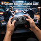Hand holding game controller with textured silicone joystick caps installed