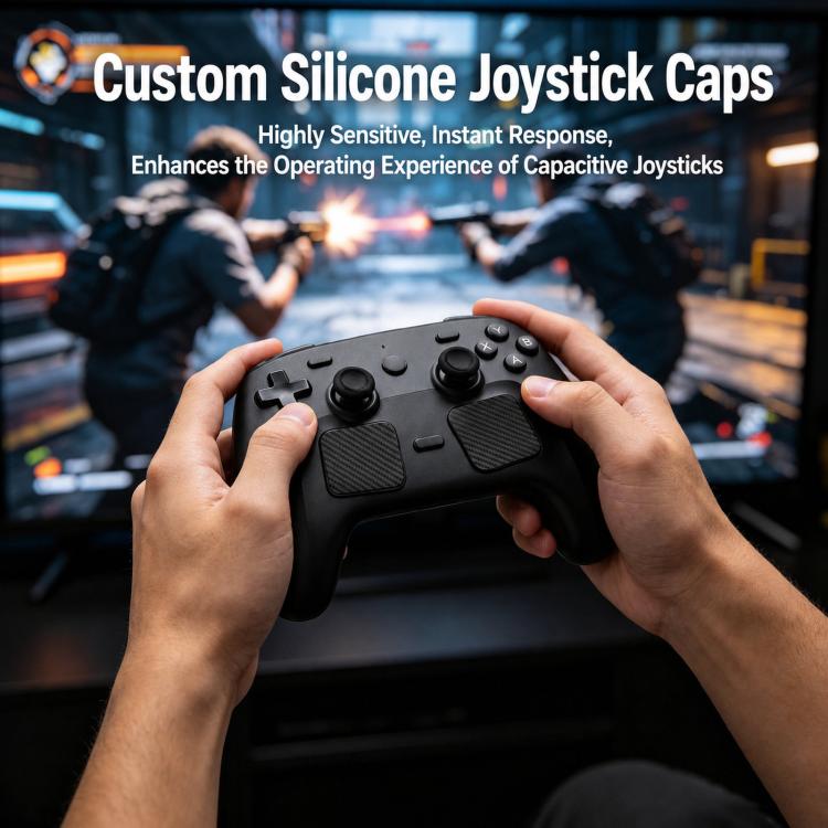 Hand holding game controller with textured silicone joystick caps installed