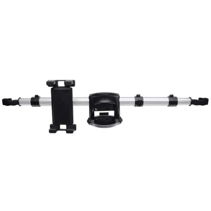 Car back phone and cup holder with aluminum tube, black clamp, and side hooks
