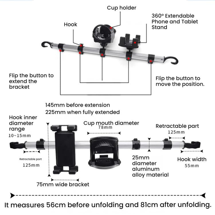 Extendable car back phone and tablet stand with cup holder and side hooks on rod