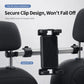 Car seat back phone holder with black clip-on clamps and cup holder on bar