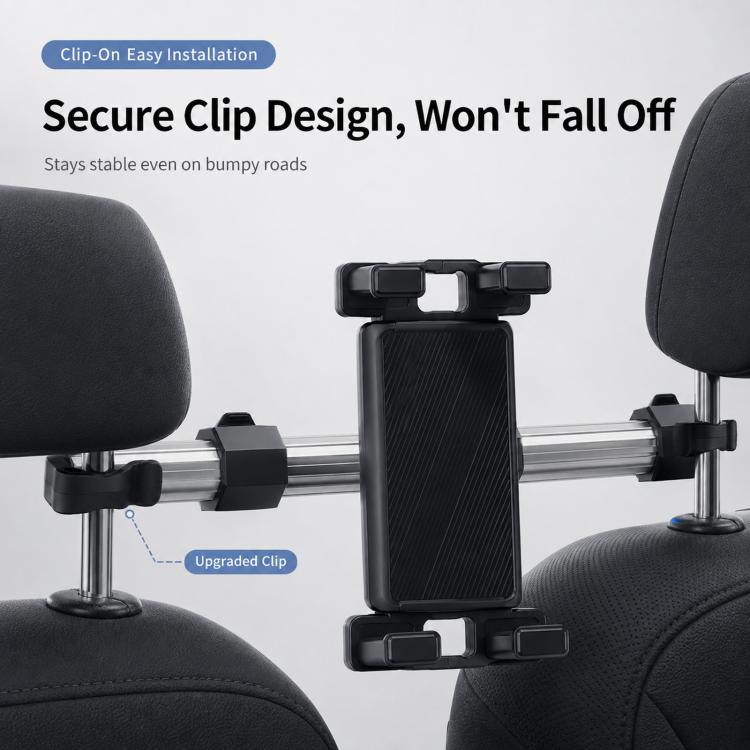 Car seat back phone holder with black clip-on clamps and cup holder on bar