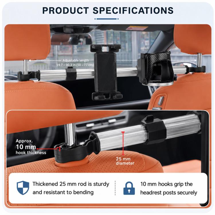 Car seat back cup holder and phone mount with sturdy rod and grip hooks