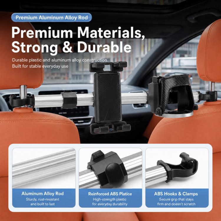 Premium car seat phone holder with aluminum alloy rod, black mounts, and cup cradle