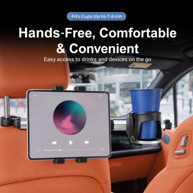 Car seat back hands-free phone holder with cup mount and black bar clamps