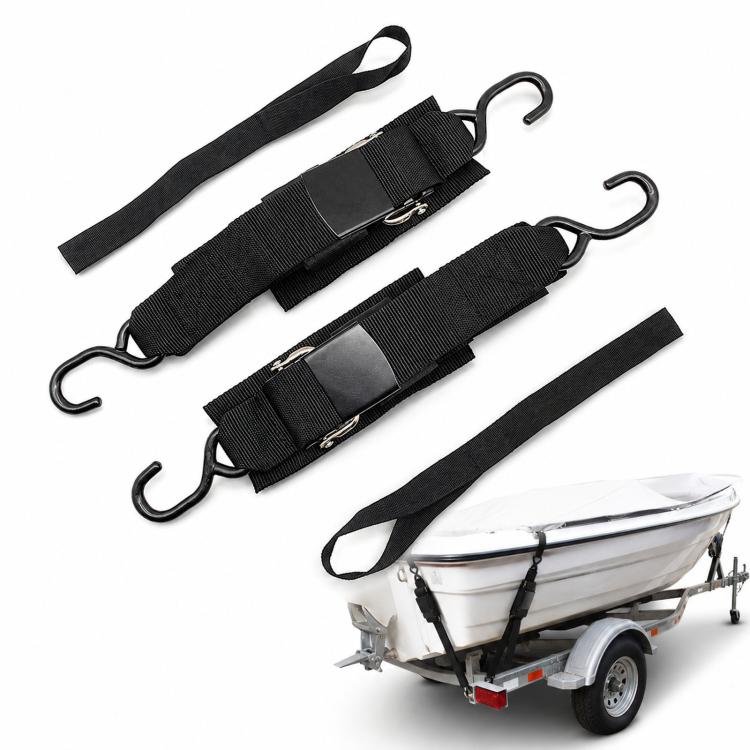 Black boat trailer tie-down straps with metal S hooks and adjustable webbing