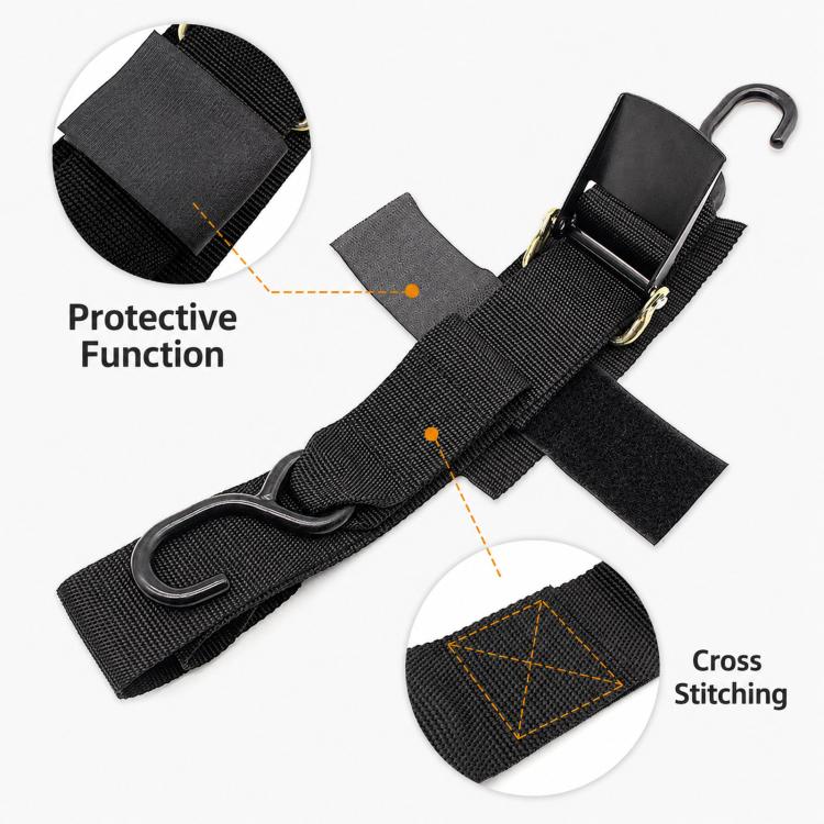 Black tie-down strap with protective pad, metal hook, and reinforced cross stitching