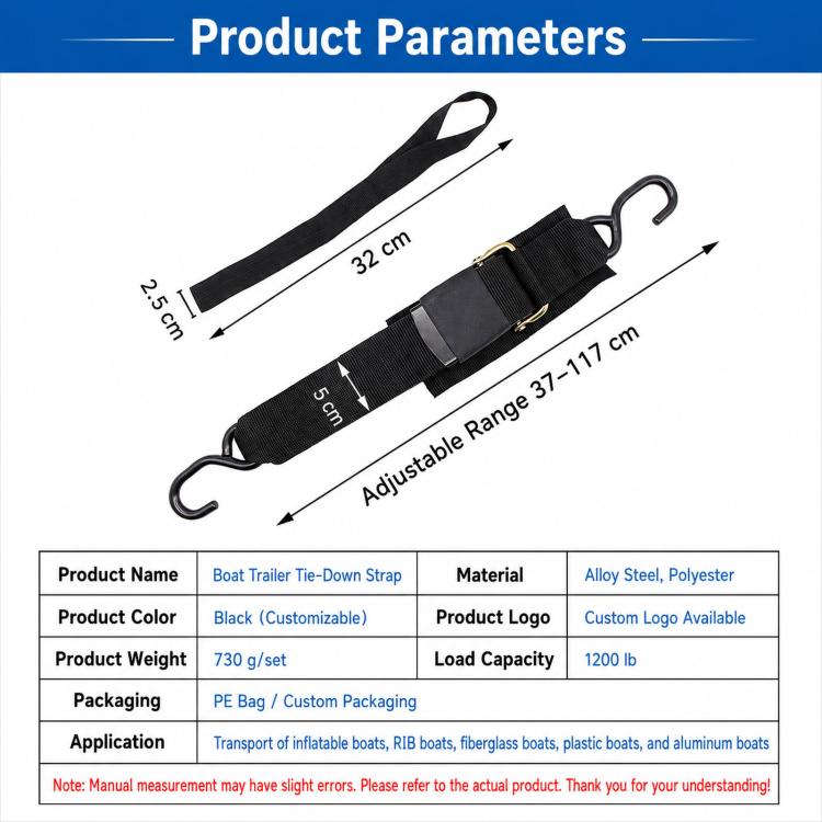 Black adjustable tie-down strap with metal S hooks and heavy-duty buckle