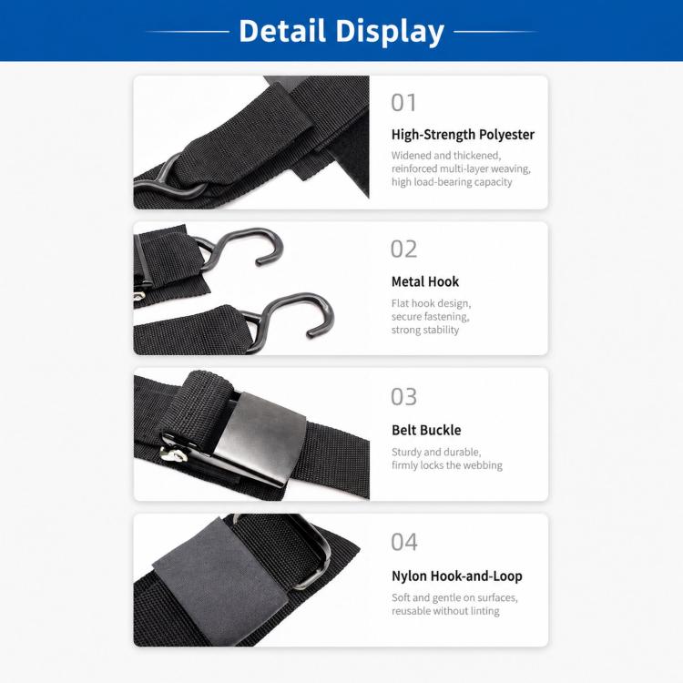 Detail view of black tie-down strap webbing, metal hook, and buckle system