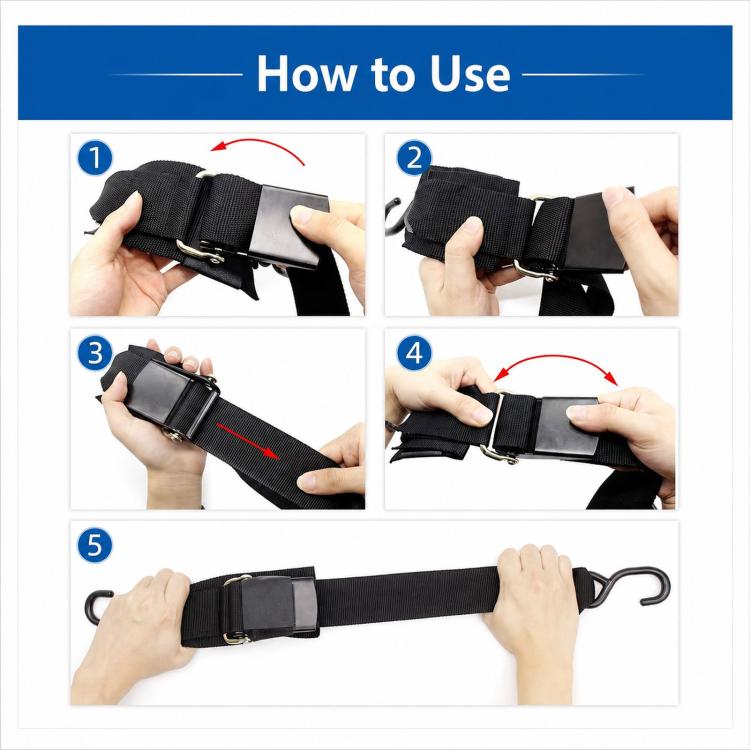 Hands showing how to tighten black tie-down straps with buckle and hooks