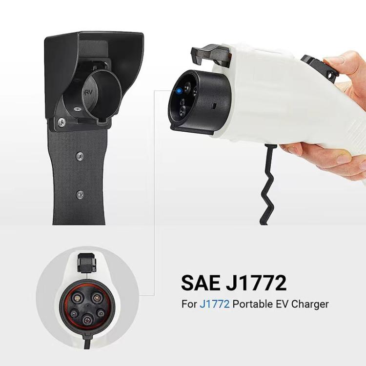 Black metal EV charger holster with circular J1772 connector opening and mounting plate