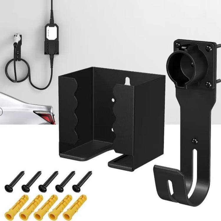 Black metal EV charger box holder bracket set with mounting hardware and cable hook