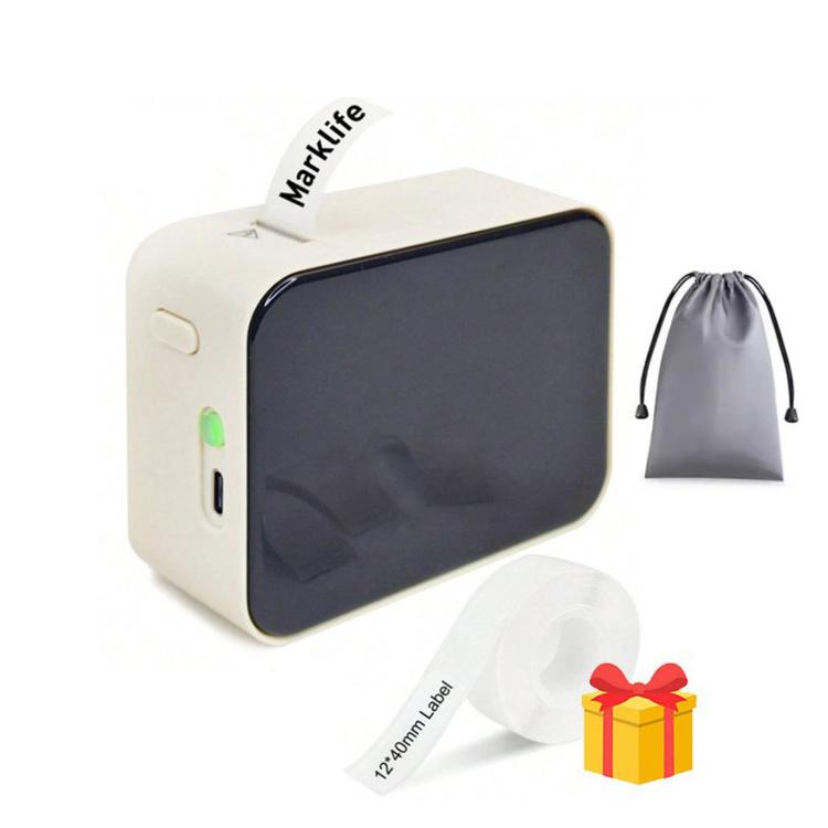 White portable thermal label printer with black screen and label tape roll