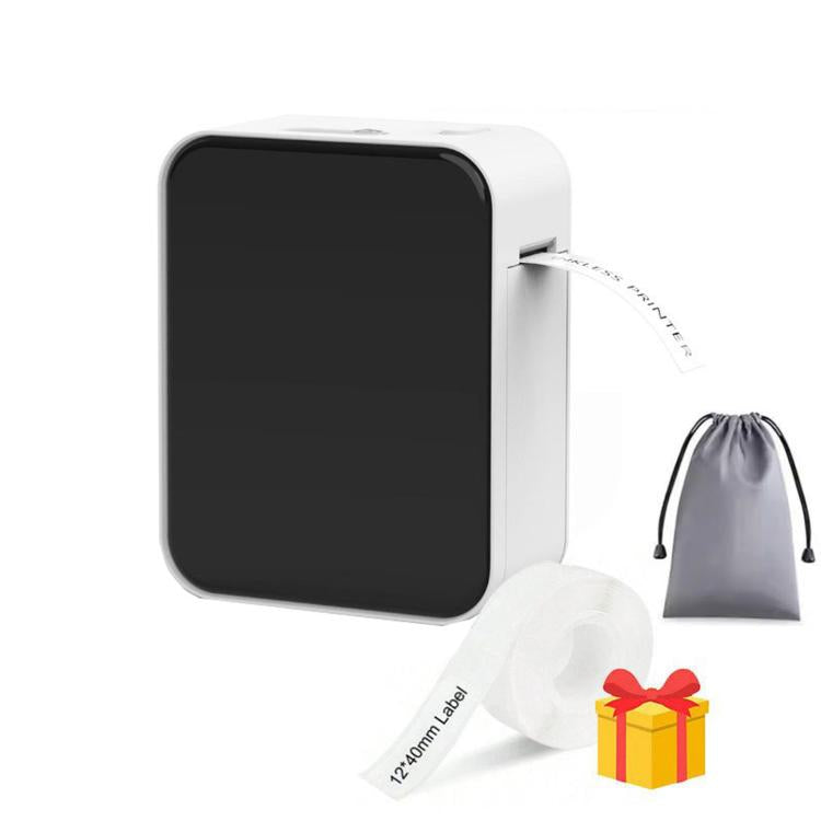 White thermal label printer with label tape roll and drawstring storage bag