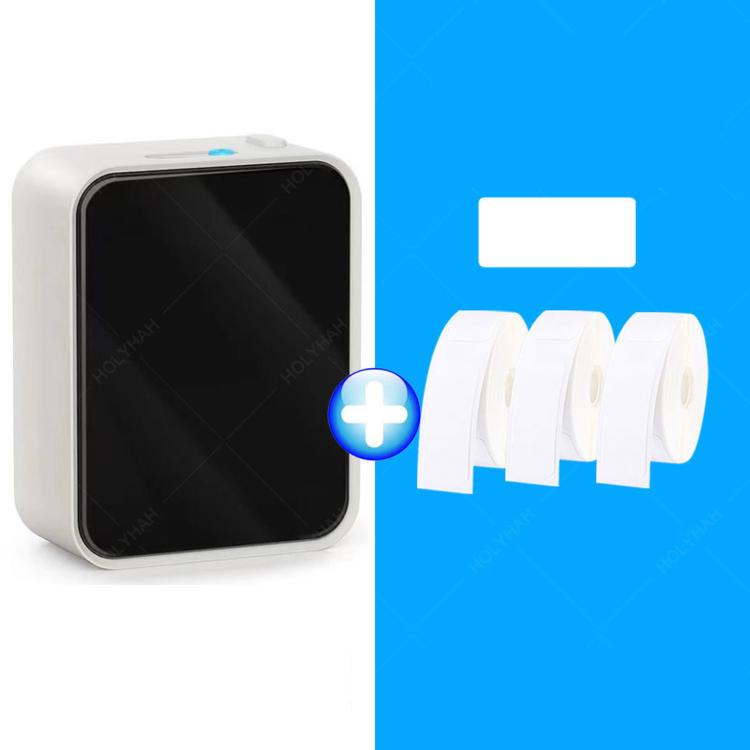 White thermal label printer with black screen and white label tape rolls