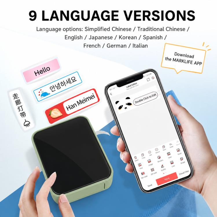 Portable thermal label maker, mint green case with smartphone label preview