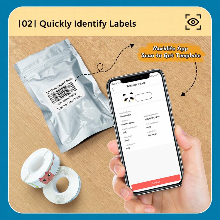 Mint green label printer with label paper roll and smartphone template screen