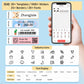 Mint green Bluetooth label maker with smartphone app UI and label templates