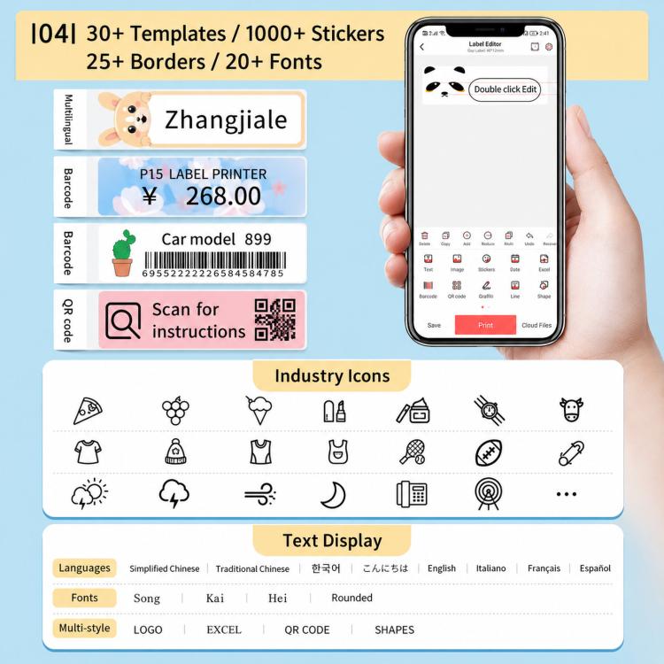 Mint green Bluetooth label maker with smartphone app UI and label templates