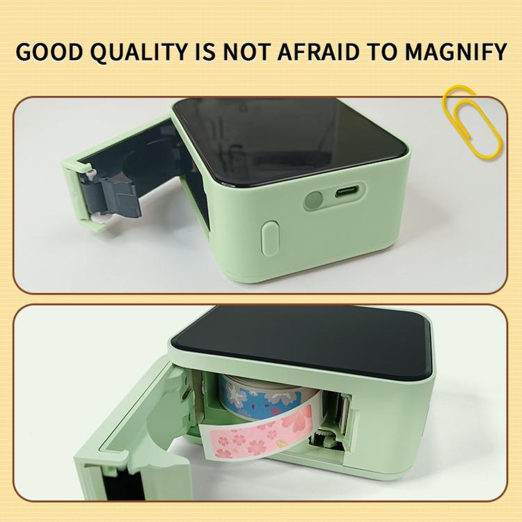 Mint green thermal label printer with open top showing label slot