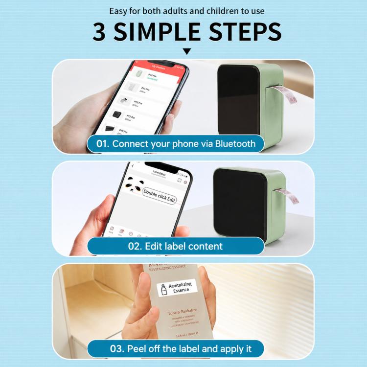 Mint green Bluetooth label printer with smartphone setup steps