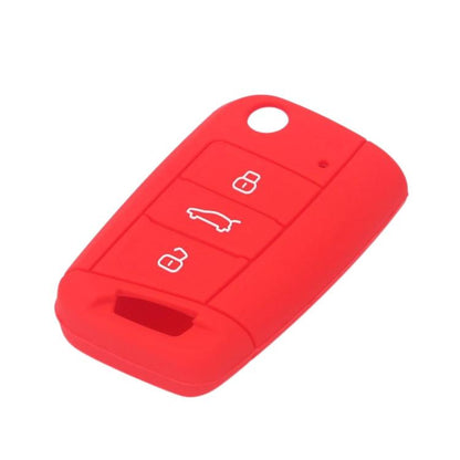 Silicone key cover in red with three-button icon panel and cutout for key blade