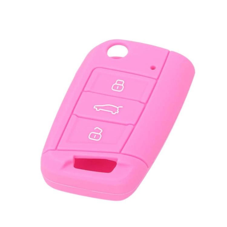 Silicone key cover in pink with three-button icon panel and key blade cutout