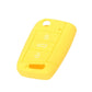 Silicone key cover in yellow with three-button icon panel and key blade cutout