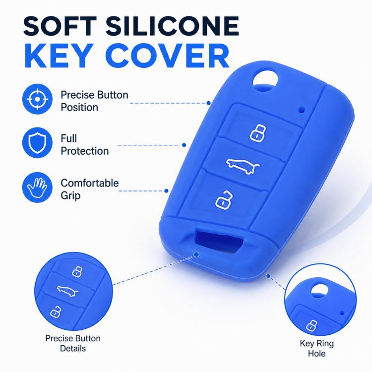 Blue soft silicone key cover with key ring hole and 3-button layout