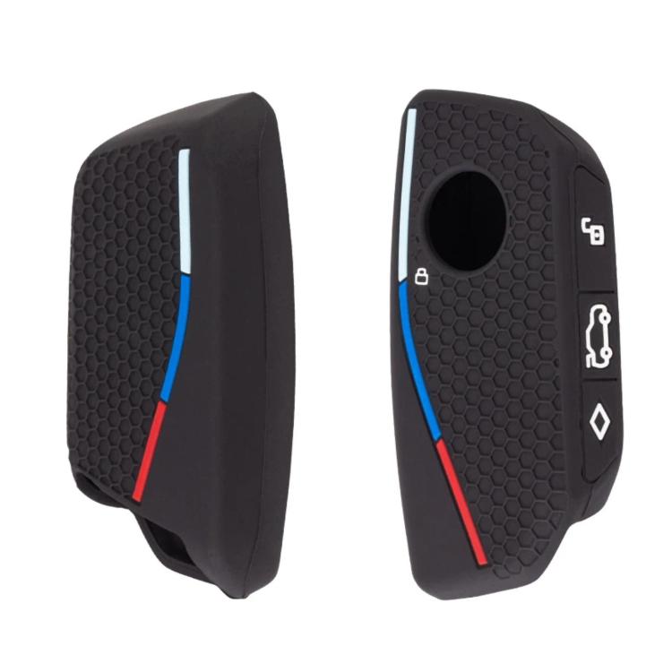 Black silicone car key cover with honeycomb texture and blue/red accent stripes