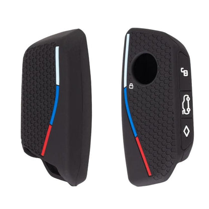 Black silicone car key cover with honeycomb texture and blue/red accent stripes