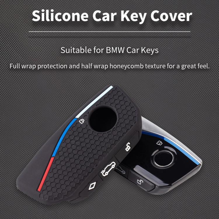 Black silicone key cover with honeycomb texture, oval key hole, blue and red accent stripe