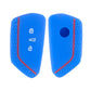 Silicone key fob cover set, blue with red trim; button hole and lock icons