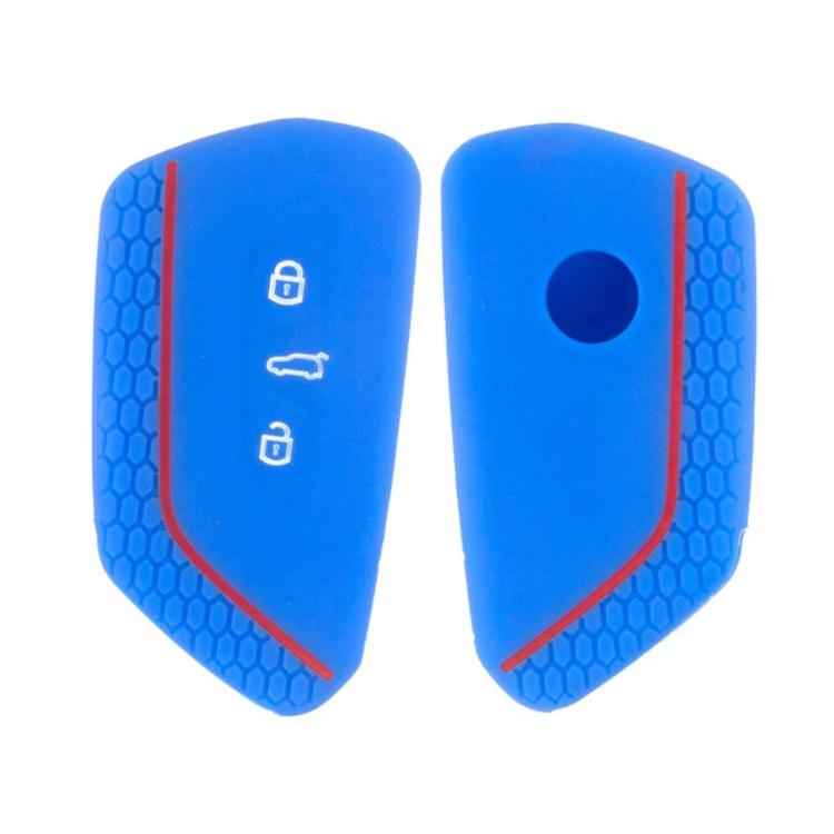 Silicone key fob cover set, blue with red trim; button hole and lock icons