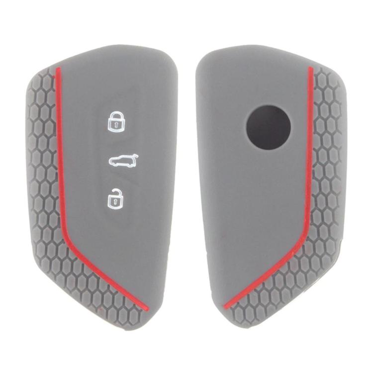 Silicone key fob cover set, dark gray with red trim; button hole and lock icons