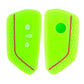 Silicone key fob cover set, neon green with red trim; button hole and lock icons