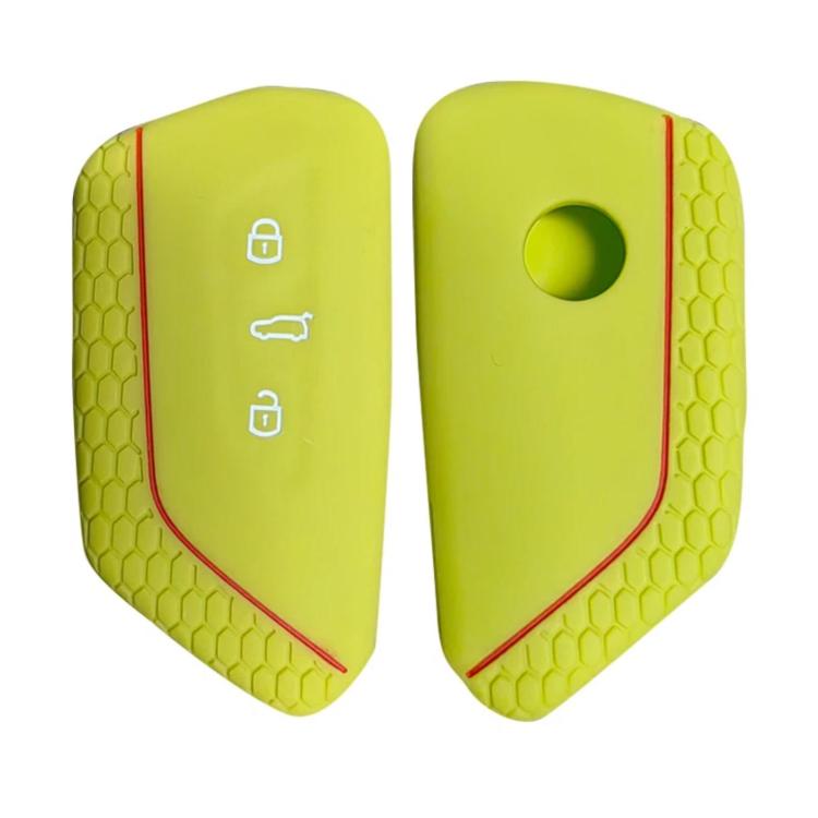 Silicone key fob cover set, yellow-green with red trim; button hole and lock icons
