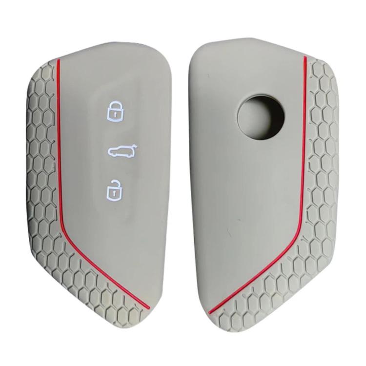 Silicone key fob cover set, light gray with red trim; button hole and lock icons