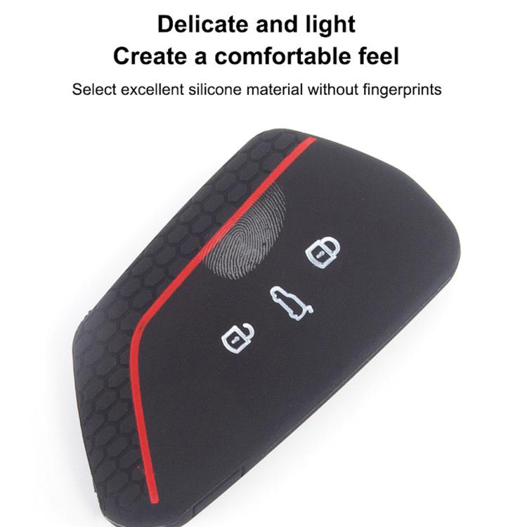 Black silicone key fob cover with red trim, honeycomb side, and key icons
