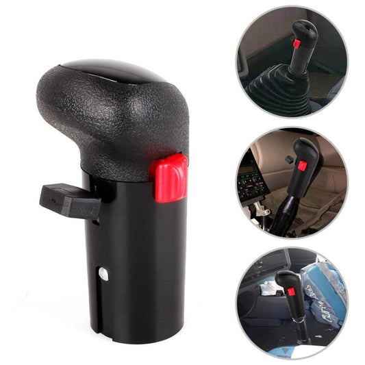 Black gear shift selector knob with red lock button and side linkage