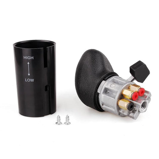 Black gear shift selector valve with textured knob and metal ports with red caps
