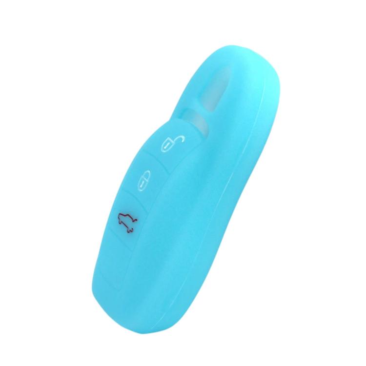 Silicone key fob cover for Porsche, cyan blue, with button cutouts.