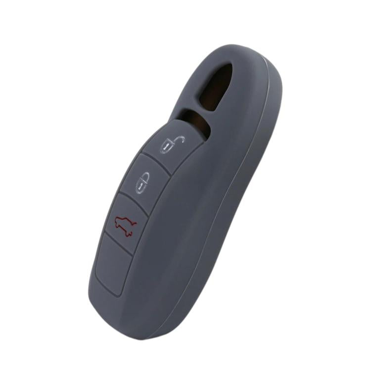 Dark gray silicone key fob cover with button cutouts and keyring loop