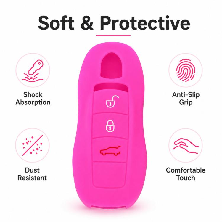 Pink silicone key fob cover with raised button area and protective shell