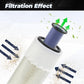 Cylindrical air filter with blue mesh and white housing with pleated filter section
