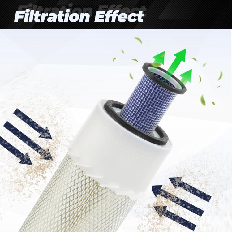 Cylindrical air filter with blue mesh and white housing with pleated filter section
