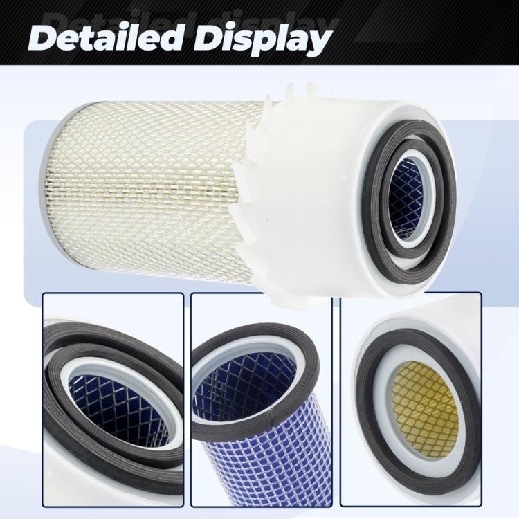 Close-up of cylindrical air filter with blue mesh, pleated media, and rubber end seals