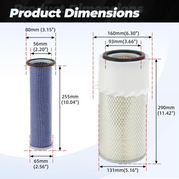 Cylindrical engine air filter elements shown in front and side profiles