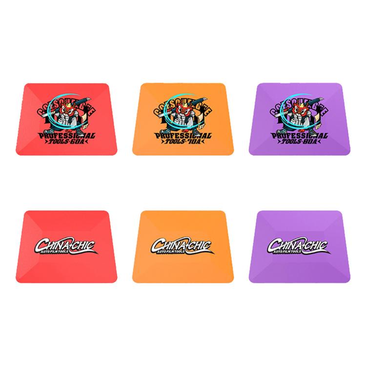 Three-color set of double-sided wrapping film scraper pads: red, orange, purple